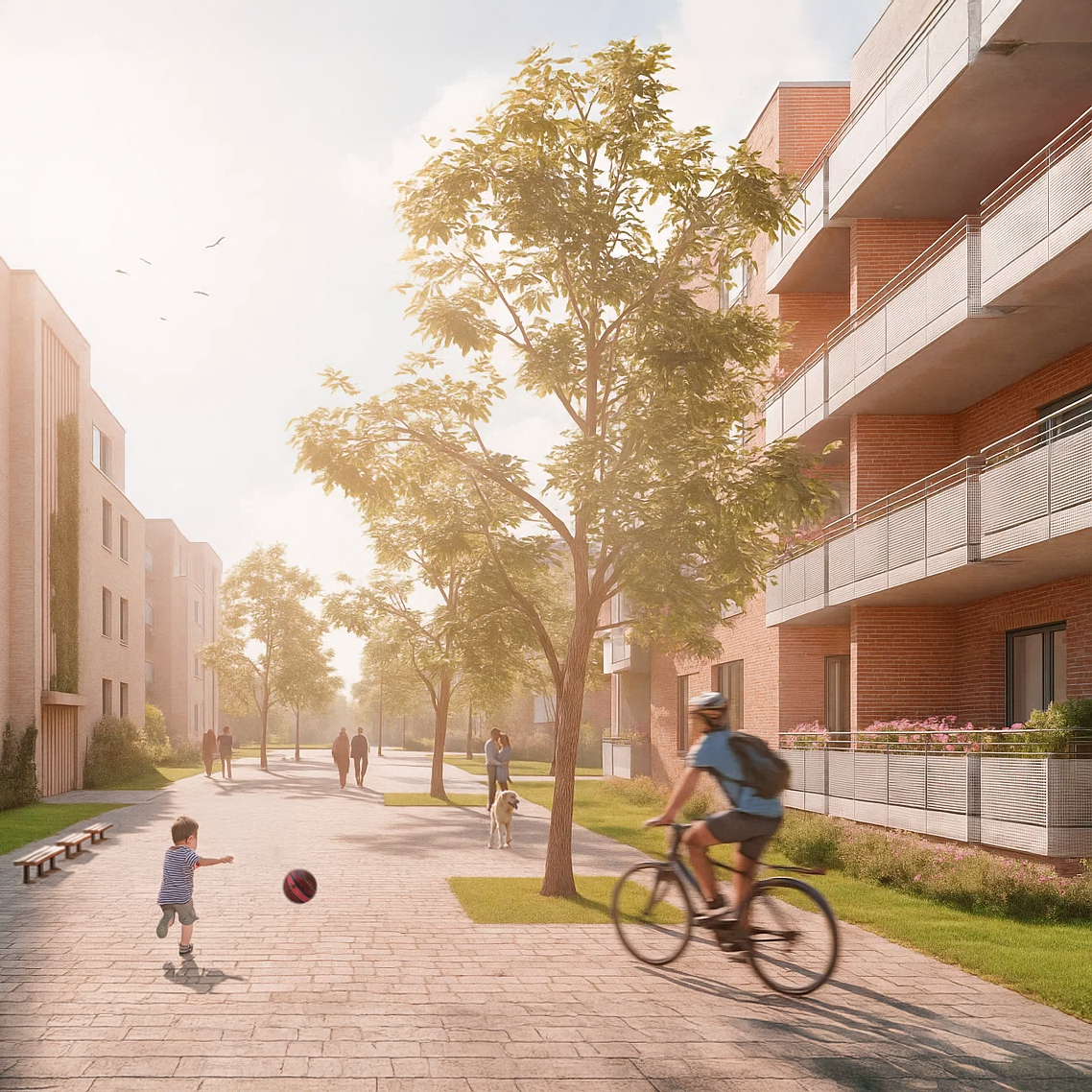 Wohnquartier mit mehrgeschossigen Gebäuden, gemeinschaftlichem Hofbereich, Sitzplätzen und Grünflächen.