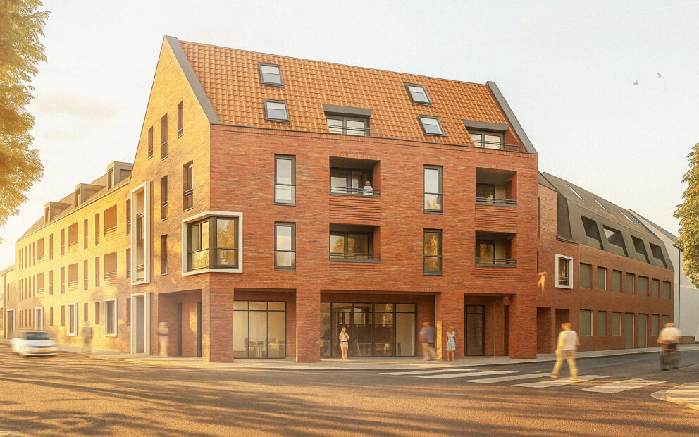 Mehrgeschossiges Wohngebäude mit Klinkerfassade bei Sonnenaufgang.