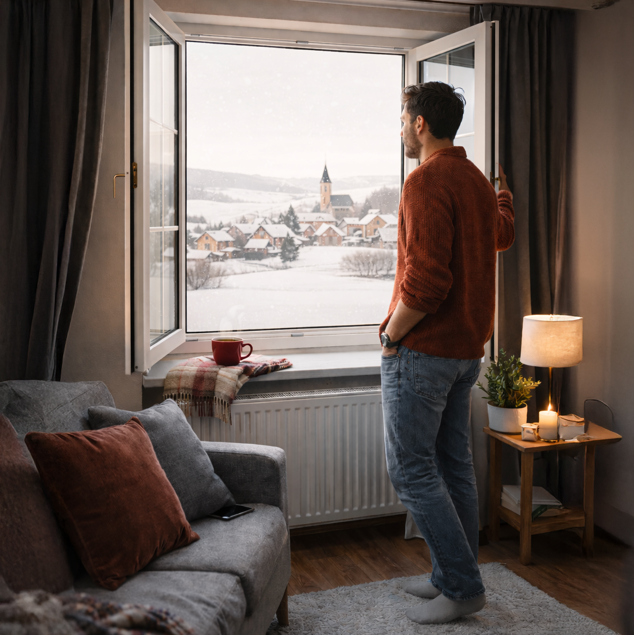 Ein Mann in einem steht in einem modern eingerichteten Wohnzimmer am geöffneten Fenster und lüftet im Winter.